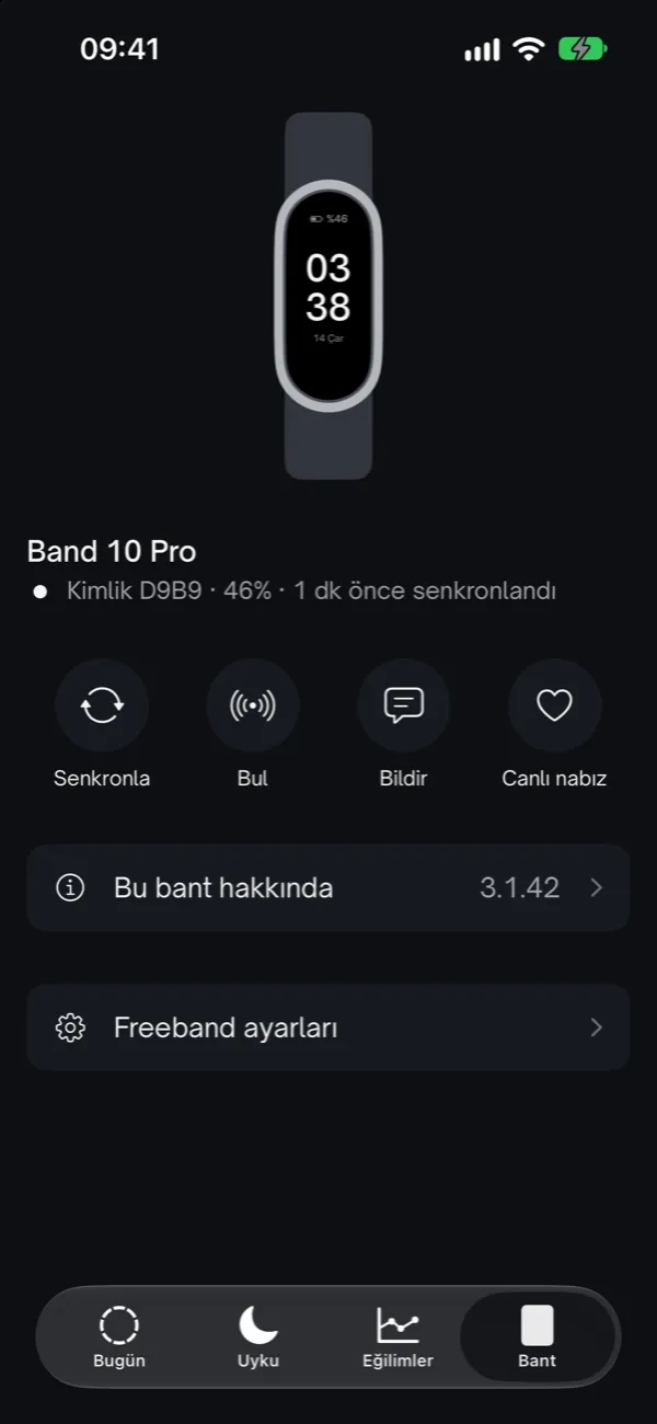 Bant ekranı: Band 10 Pro çizimi, pil ve son senkron; senkronla, bul, bildir ve canlı nabız düğmeleri.
